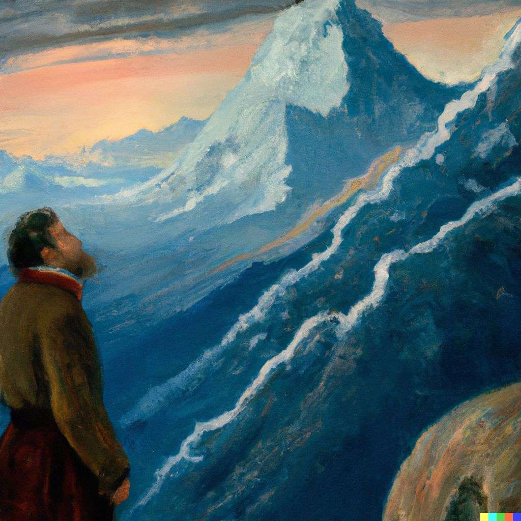 someone gazing at Mount Everest, painting from the 19th century